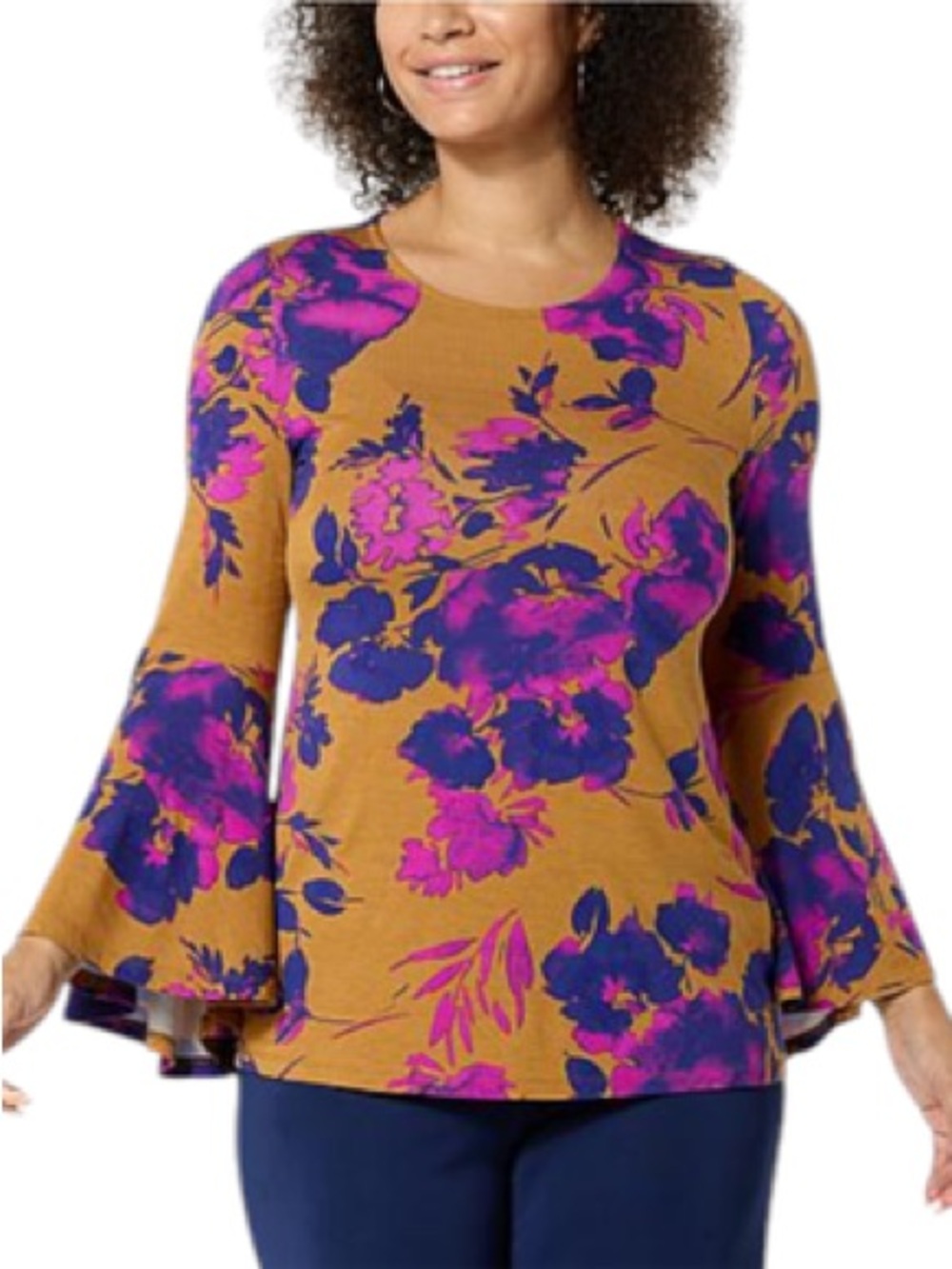 IMAN Global Chic Floral Bell Sleeve Tunic Top Ochre Purple 3X